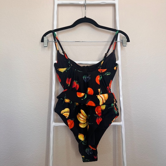 WeWoreWhat Black Fruit Print One Piece Swimsuit Medium Belt Rhinestone Buckle - Picture 4 of 7